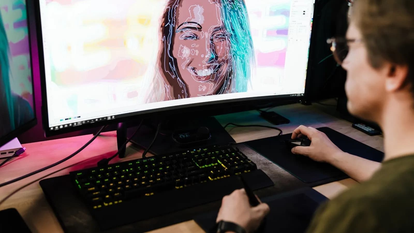 Photographe retouchant un portrait sur un écran large avec clavier rétroéclairé et tablette graphique.