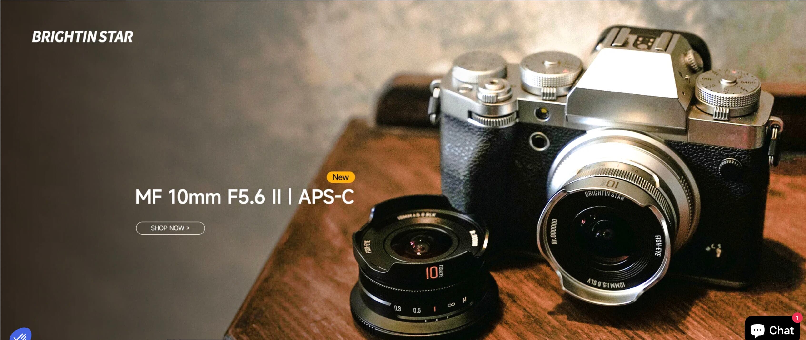 Brightin Star 10mm f/5.6 II fisheye lens for APS-C mounts, black finish, three-quarter view